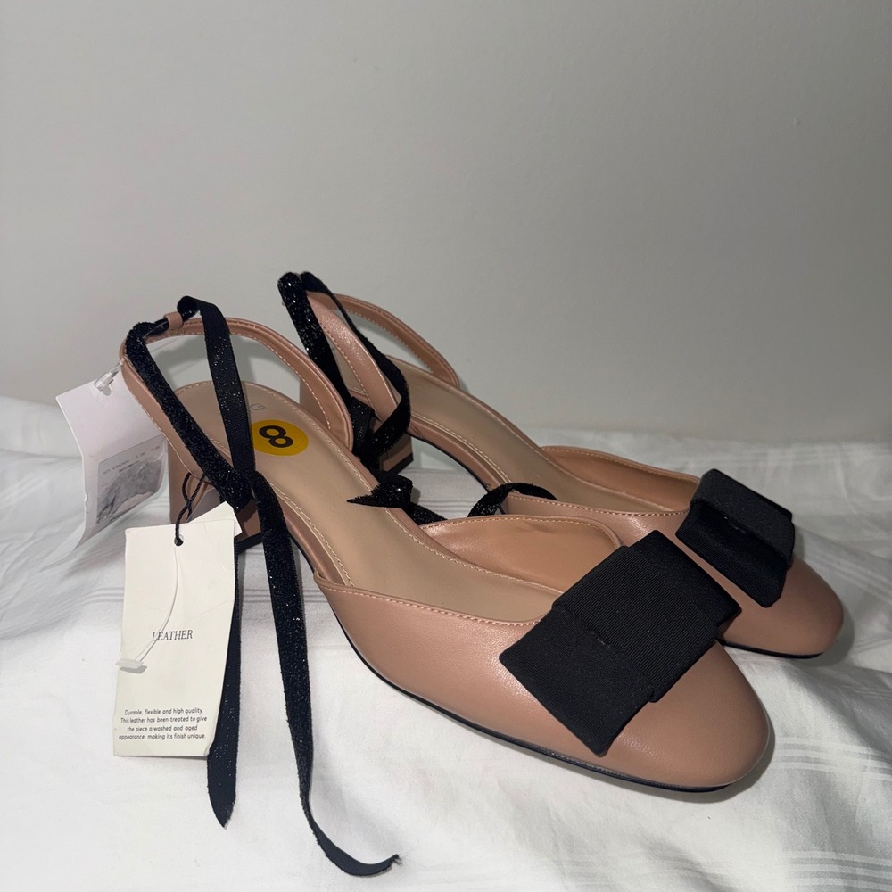 Mango MNG Nude Leather Slingback Pumps Black Bow Square Toe Block Heel Size 8